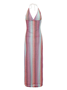 Women's All Over Print Halter Neck Dress, Casual Sleeveless Dress for Beach Holiday Vacation, Ladies Clothes for Summer, Clothing, Summer Clothes 2025, Backless Cover Up Dress, Beach Cover Ups, Summer Swimming Cover, Crochet Cover Up