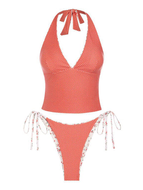 Women's Summer Beach Floral Leaves Halter Tied Tank Style Full Coverage Bikini Tankini Set Two Piece Bathing Suits