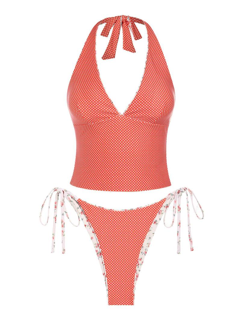 Women's Summer Beach Floral Leaves Halter Tied Tank Style Full Coverage Bikini Tankini Set Two Piece Bathing Suits