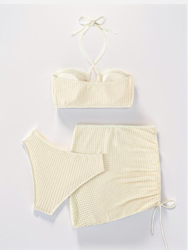 Women's Solid Criss Cross Bikini Set, Tie Back Bikini Top & High Cut Swim Knicker & Drawstring Skirt Swimsuit Set, Summer Bathing Suits, Swimming Suit for Women, Full Coverage Bikinis, Bikini Swimsuits, Halter Swimsuit