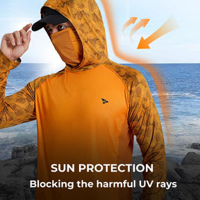 Sun UV Protection Hoodie Shirts, UPF 50+ Men Raglan Long Sleeve Lightweight Quick Dry Breathable Cooling Rash Guard with Mask Neck Gaiter for Outdoor, Hiking, Fishing, Boating, Biking, Sport, Gym, Constructing, Roofing, Landscaping, Gardening 915
