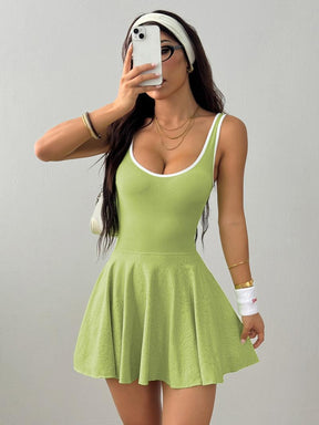Women's Solid Contrast Trim Backless Sports Dress, High Stretch Sporty Comfortable Breathable Sports Dress with Built-in Pocket, Ladies Sportswear for All Seasons, Tennis Attire, Sporty Chic Dress, Gym Dress, Tennis Athletic Dress, Yoga Active Dress
