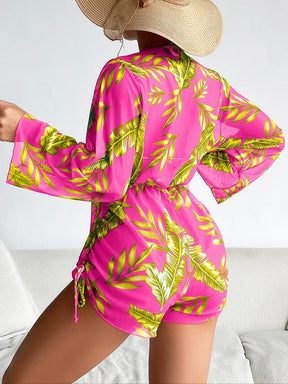 Women's Tropical Print Bikini Set, Halter Neck Tie Back Triangle Bra & Drawstring Side High Waist Romper & High Cut Swim Panty Swimsuit Sets, Beach Bathing Suit, Women's Swimwear, Summer Swimsuit Style Beach Bikini, Swim Top Set