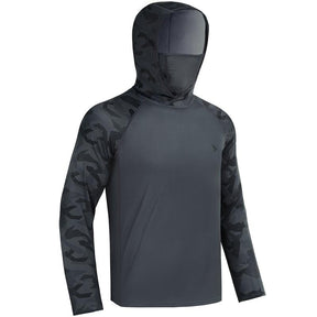 Sun UV Protection Hoodie Shirts, UPF 50+ Men Raglan Long Sleeve Lightweight Quick Dry Breathable Cooling Rash Guard with Mask Neck Gaiter for Outdoor, Hiking, Fishing, Boating, Biking, Sport, Gym, Constructing, Roofing, Landscaping, Gardening 915