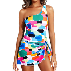 Women One Piece Swim Dress One Shoulder Swimsuit with Skirt Tummy Control Swimdress Swimming Bathing Suit  dealsforyoudays
