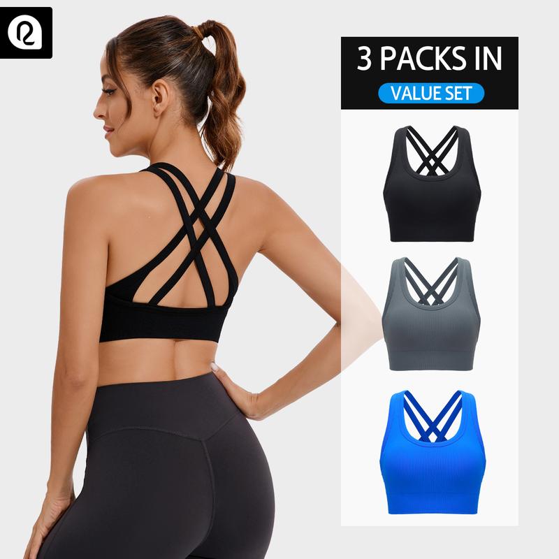 Women's High Support Sports Bra - Criss-Cross Back, Removable Cups, Medium Support, Ultra-Stretch, Moisture-Wicking, Seamless Ribbed Knit Yoga Bra with Naked Feeling