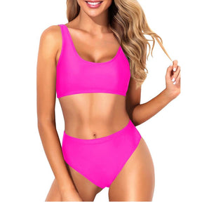 Women Two Piece Scoop Neck Bikini Crop Top High Cut Swimsuit Sporty High Waisted Bathing Suit with Bottoms