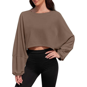 Womens Long Ballon Sleeve Sweatshirts Tops Cropped Crew Neck Loose Fit Casual Workout Shirts