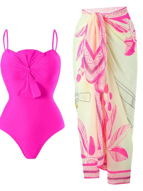 Women's Solid Twist One-piece Swimwear & Leaf Print Tie Front Cover Up Skirt Set, Boho Fashion Adjustable Strap Swimwear Set for Beach Holiday Vacation, Ladies Swimsuit for All Seasons