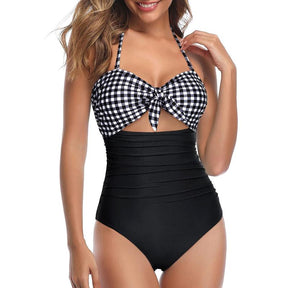 Women Sexy Cutout One Piece Swimsuits Tummy Control High Waisted Halter Front Tie Knot Bathing Suit Plus Size Full Coverage Swimsuit for Women