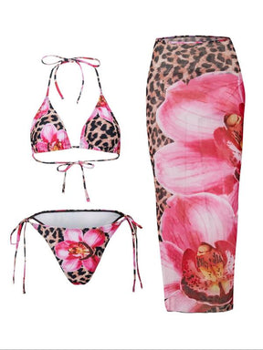 Women's Floral Print Halter Bikini Set, Casual Tie Back Contrast Mesh Swim Top & Tie Side Swim Bottom & Cover Up Skirt Set, Ladies Swimsuit for Beach Holiday Vacation, Bikinis Sets, Halter Top Swimwear, Bikini Outfits, Floral Tropical Bikini