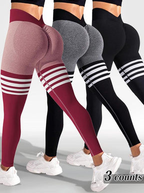 Sporty Women's Striped Print Ruched V-waist Back Sports Leggings, High Stretch Seamless Yoga Leggings, Ladies Sportswear for Indoor Outdoor Wear, Tummy Control Leggings, Legging Pants, Legging Fitness, Gym Yoga Clothing