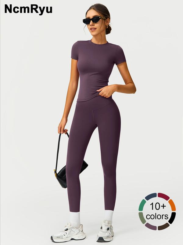 2PCS Women Quick Dry  Yoga Set Workout Sportswear Gym Clothing Fitness Short Sleeve Top High Waist Leggings Sports Suits