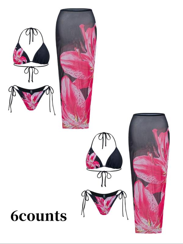 Women's Floral Print Halter Bikini Set, Casual Tie Back Contrast Mesh Swim Top & Tie Side Swim Bottom & Cover Up Skirt Set, Ladies Swimsuit for Beach Holiday Vacation, Bikinis Sets, Halter Top Swimwear, Bikini Outfits, Floral Tropical Bikini