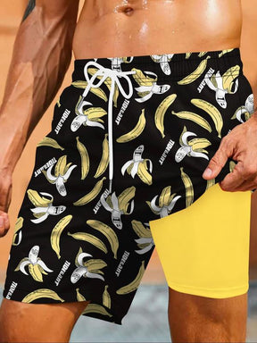 Men's All Over Print 2 in 1 Drawstring Waist Swimming Beach Shorts, Casual Quick Drying Swim Shorts for Summer, Men's Swimwear for Beach Vacation Outdoor, Clothing, Summer Swim Bottoms, Summer Swim Trunks, Swimbottoms, Swimtrunks
