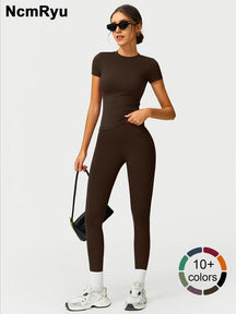 2PCS Women Quick Dry  Yoga Set Workout Sportswear Gym Clothing Fitness Short Sleeve Top High Waist Leggings Sports Suits