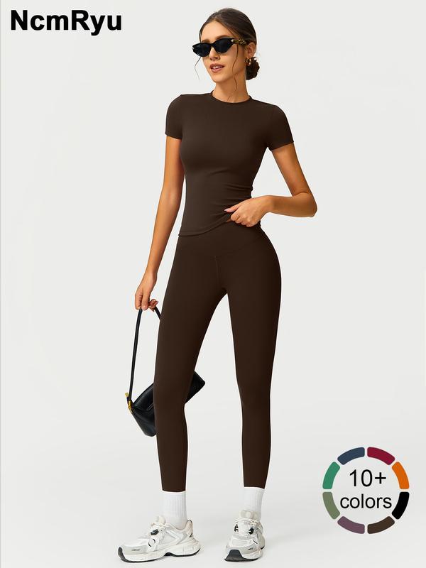 2PCS Women Quick Dry  Yoga Set Workout Sportswear Gym Clothing Fitness Short Sleeve Top High Waist Leggings Sports Suits