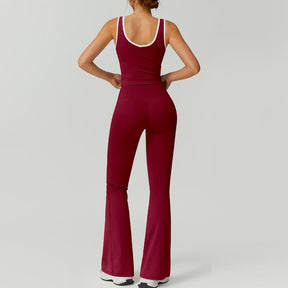 Color Block U-Neck Piped Tank & Bell Bottom Set , Stretch Fabric, Flared Fit , Yoga, Gym, Outdoor & Daily Athleisure , Wome Stylish Activewearn's Summer Lounge Sweatsuits Sleeveless Exercise