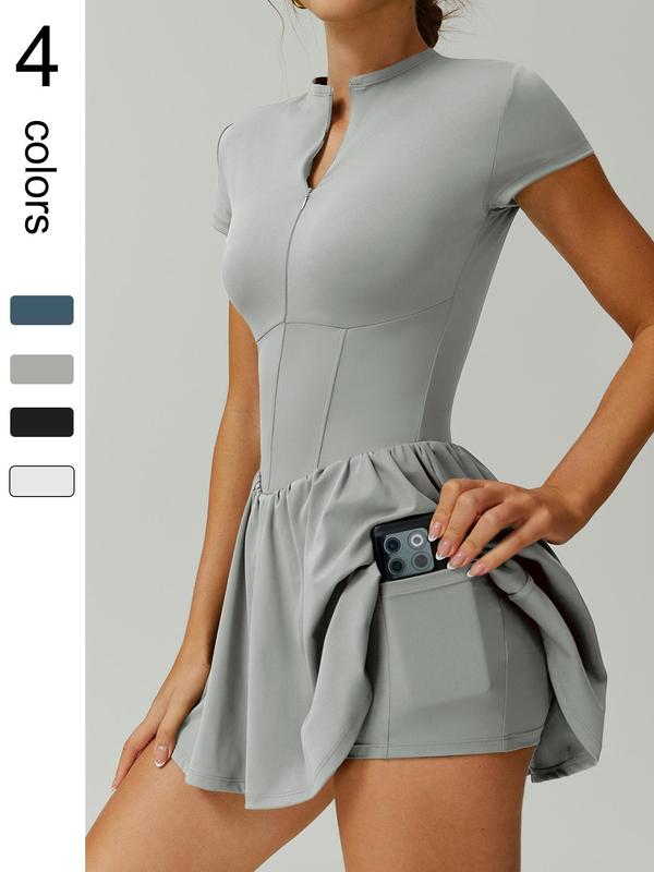 Women's sports dress solid color waistband short sleeved jumpsuit anti glare base built-in pocket front zipper design yoga suit tennis skirt fitness training all season outdoor jumpsuit short sleeved skirt, Tennis Athletic Dress