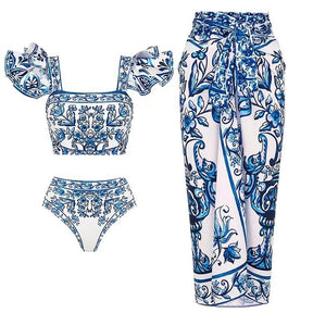 Three-piece Set Women's Floral Print Swimsuit Set, Boho Fashion Layered Ruffle Trim Swim Top & Swim Panty & Cover Up Skirt Set, Three-piece Swimwear for Beach Holiday Vacation, Bikini Sets, Modest Swimming Wear, Bathing Suits, Bikinis Sets