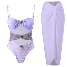 Women’s Metal Design 2 Piece Cut Out Color Block Sexy Swimsuit With Cover Up Skirt