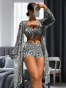 Three-piece Set Women's Geometric Print Drawstring Swimsuit Set, Bikini Sets, Ladies Swimwear for All Seasons, Bikini Top Trunks, Bikini Outfits, Beach Ready, Beachwear, Summer Swimsuit Set, Bikini Bottom
