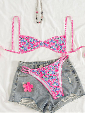 Two-Piece Set Women's Floral Print Bikini Set, Casual Fashion Chic Swimsuit Set for Beach Holiday Vacation, Ladies Summer Clothes, Bikinis Sets, Bikini Top & Floral Bikini Bottom, Beach Bathing Suit, Floral Print Spaghetti Strap Swimsuit