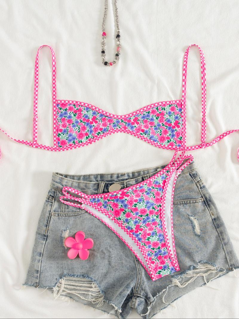 Two-Piece Set Women's Floral Print Bikini Set, Casual Fashion Chic Swimsuit Set for Beach Holiday Vacation, Ladies Summer Clothes, Bikinis Sets, Bikini Top & Floral Bikini Bottom, Beach Bathing Suit, Floral Print Spaghetti Strap Swimsuit