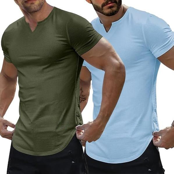 Set of 2 Men's Plain Muscle Slim V-Neck Short Sleeve T-Shirt for Daily Outdoor Wear, Casual Athletic Wear, and Gym Workout Outdoorfun，Father's Day gift