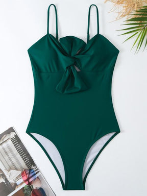 Women's Solid Twist One-piece Swimwear & Leaf Print Tie Front Cover Up Skirt Set, Boho Fashion Adjustable Strap Swimwear Set for Beach Holiday Vacation, Ladies Swimsuit for All Seasons