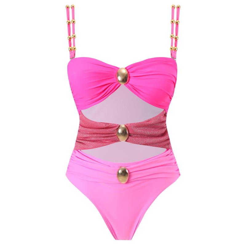 Women’s Metal Design 2 Piece Cut Out Color Block Sexy Swimsuit With Cover Up Skirt