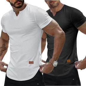 Set of 2 Men's Plain Muscle Slim V-Neck Short Sleeve T-Shirt for Daily Outdoor Wear, Casual Athletic Wear, and Gym Workout Outdoorfun，Father's Day gift