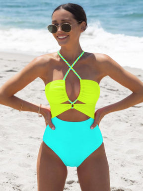 Color Block Front Cutout One Piece Swimsuit,Adjustable Bandage Design Tummy Control Neon Swimsuit for Vacation,dealsforyoudays