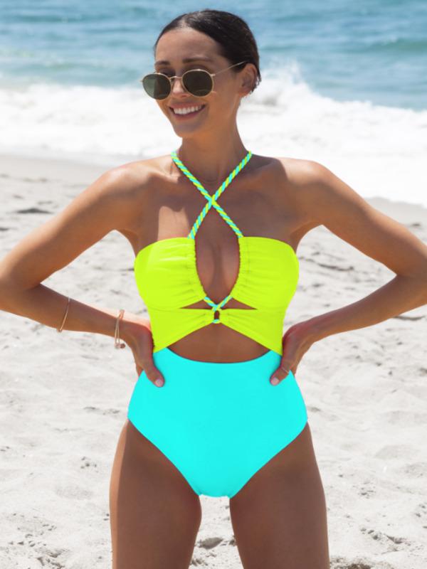 Color Block Front Cutout One Piece Swimsuit,Adjustable Bandage Design Tummy Control Neon Swimsuit for Vacation,dealsforyoudays