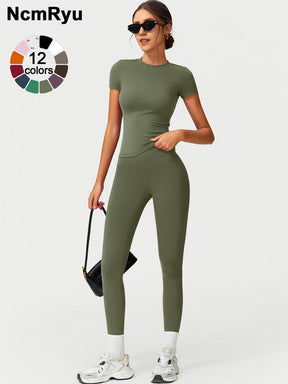 2PCS Women Quick Dry  Yoga Set Workout Sportswear Gym Clothing Fitness Short Sleeve Top High Waist Leggings Sports Suits