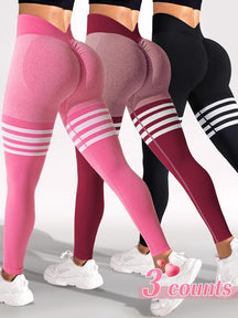 Sporty Women's Striped Print Ruched V-waist Back Sports Leggings, High Stretch Seamless Yoga Leggings, Ladies Sportswear for Indoor Outdoor Wear, Tummy Control Leggings, Legging Pants, Legging Fitness, Gym Yoga Clothing
