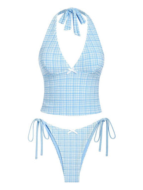 Women's Summer Beach Floral Leaves Halter Tied Tank Style Full Coverage Bikini Tankini Set Two Piece Bathing Suits