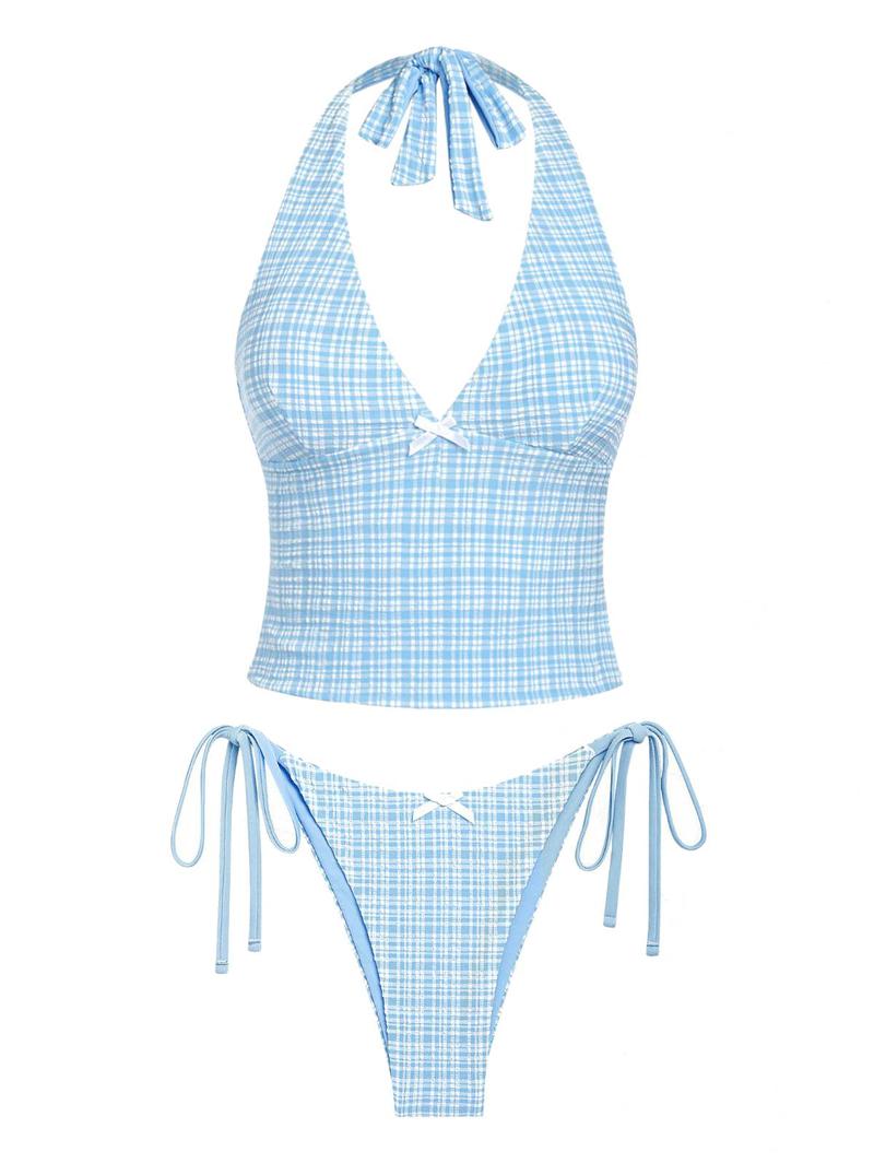 Women's Summer Beach Floral Leaves Halter Tied Tank Style Full Coverage Bikini Tankini Set Two Piece Bathing Suits