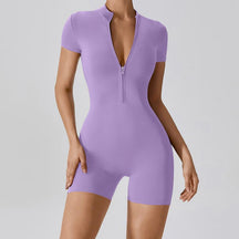 Women's Solid Zipper Mock Neck Sports Romper,  Summer Clothes Women, Casual Sporty Activewear One-piece Sports Romper for Yoga Gym Workout Running