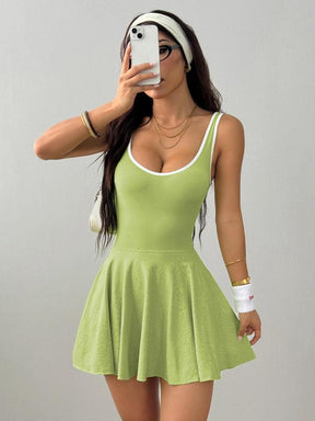 Women's Solid Contrast Trim Backless Sports Dress, High Stretch Sporty Comfortable Breathable Sports Dress with Built-in Pocket, Ladies Sportswear for All Seasons, Tennis Attire, Sporty Chic Dress, Gym Dress, Tennis Athletic Dress, Yoga Active Dress
