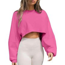 Womens Long Ballon Sleeve Sweatshirts Tops Cropped Crew Neck Loose Fit Casual Workout Shirts