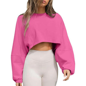 Womens Long Ballon Sleeve Sweatshirts Tops Cropped Crew Neck Loose Fit Casual Workout Shirts