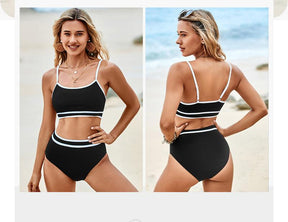 Women's Ribbed Bikini Sets Color Block Swimsuit High Waisted Bathing Suit Swimming Clothing Beach Water Sports Swimwear
