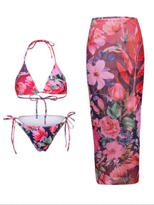 Women's Floral Print Halter Bikini Set, Casual Tie Back Contrast Mesh Swim Top & Tie Side Swim Bottom & Cover Up Skirt Set, Ladies Swimsuit for Beach Holiday Vacation, Bikinis Sets, Halter Top Swimwear, Bikini Outfits, Floral Tropical Bikini