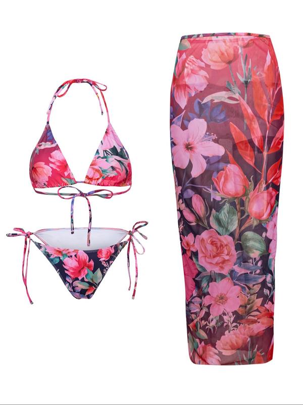 Women's Floral Print Halter Bikini Set, Casual Tie Back Contrast Mesh Swim Top & Tie Side Swim Bottom & Cover Up Skirt Set, Ladies Swimsuit for Beach Holiday Vacation, Bikinis Sets, Halter Top Swimwear, Bikini Outfits, Floral Tropical Bikini