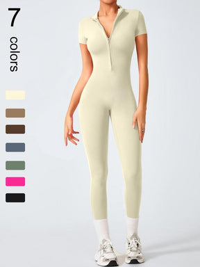 Women's High Elastic Soft Collar Half-zip Tight Waist Tight Hip Yoga Suit Outdoor Running, Cycling, Mountaineering, Walking, Naked Body Clothes Gym Sports Training All-match Short-sleeved Pants, Workout Gym Clothing, Sportswear Jumpsuits