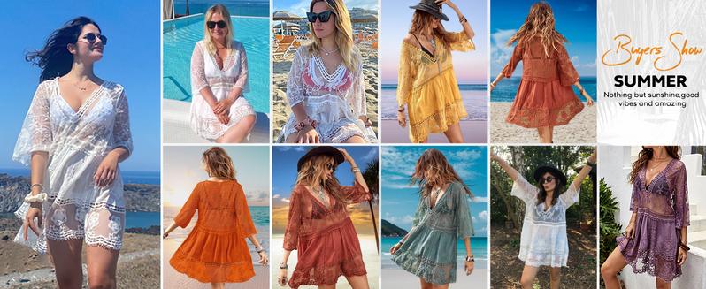 Women's Contrast Lace Bathing Suit Cover Up V-Neck Swimsuit Coverups Loose Swimwear Beach Dress Beachwear Deals for You Days