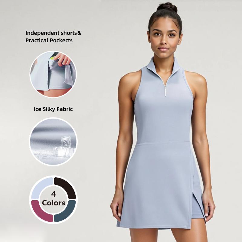 Women's Comfortable Stand Collar Pickleball Dress with Shorts Sleeveless Split Hem Clothing Quick-Dry Workout Athletic Dress with Pockets for Tennis Yoga Golf Activewear Sport