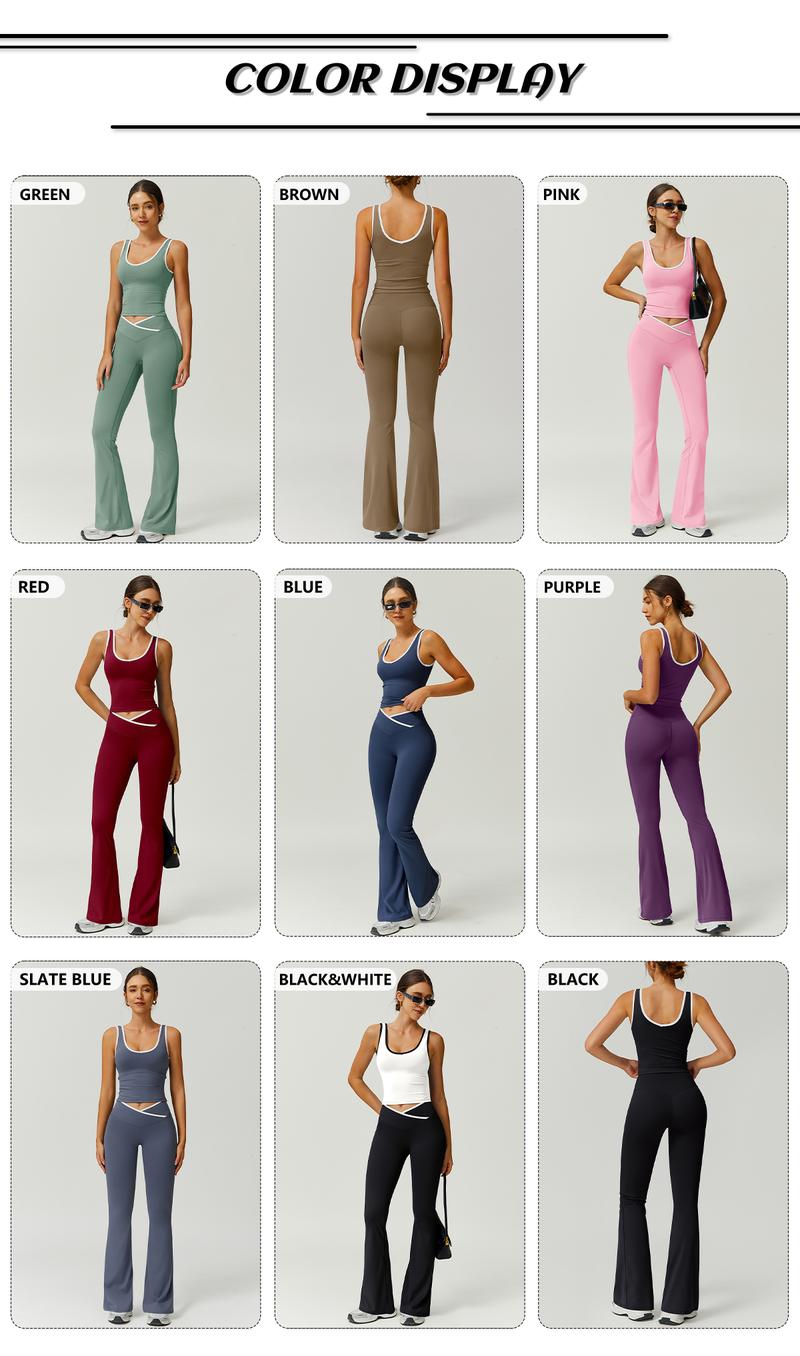 Color Block U-Neck Piped Tank & Bell Bottom Set , Stretch Fabric, Flared Fit , Yoga, Gym, Outdoor & Daily Athleisure , Wome Stylish Activewearn's Summer Lounge Sweatsuits Sleeveless Exercise