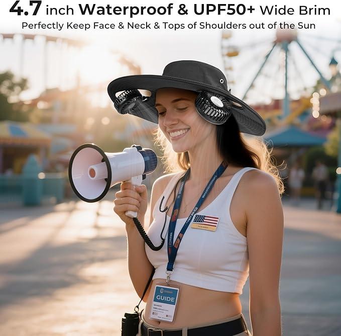 AMACOOL 2-in-1 Hands-Free Hat Fan with Detachable Neck Fan, Wide Brim Sun Hat, 3-Speed, 2600mAh Rechargeable for Outdoor Fishing Camping Beach Travel Back to School Gift